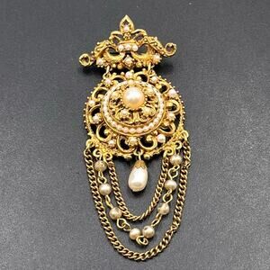 Florenza Vintage Renaissance Revival Faux Pearl Festoon Chain Dangle‎ Brooch